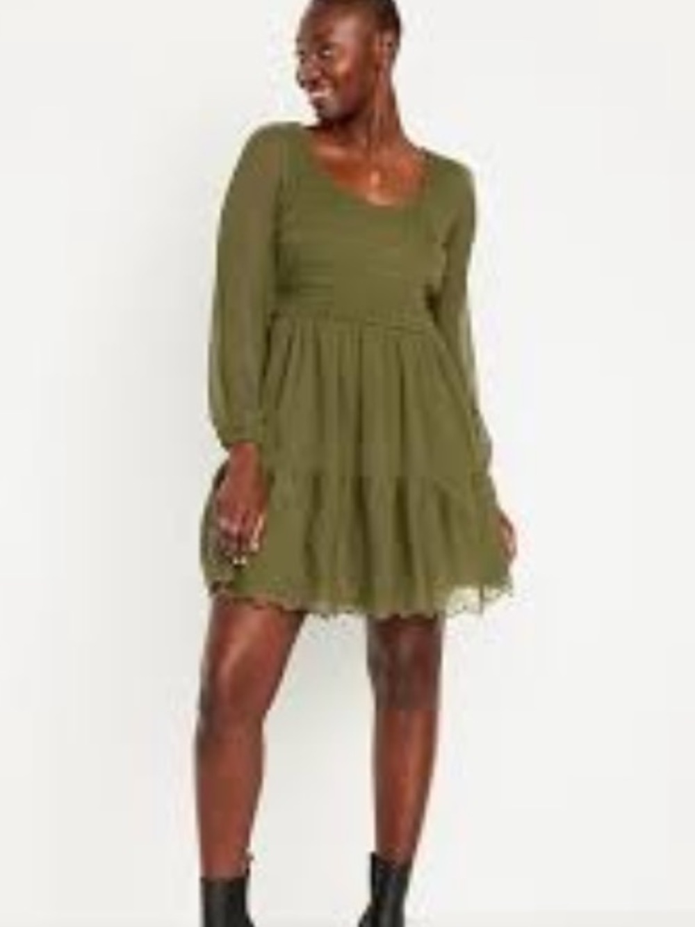 Old Navy Olive Green Smocked Tiered Long-Sleeve Dress